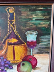 Vintage Still Life Painting Fruit Wine Kettle Signed MCM
