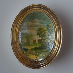 Vintage Antique Neapolitan School Bucolic Landscape Oil Painting Solid Wood