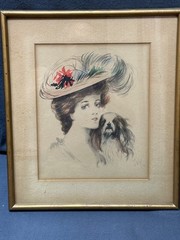 Edwardian Lady & Dog Watercolor / pencil original In Gold Frame Signed INA 1906