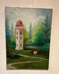 Vintage Oil Painting – Tower in a Scenic Park Landscape – 18×24 – Unframed