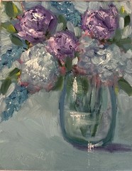 oil paintings original blue Rose Hydrangea Flowers Still Life Green Calm Vase