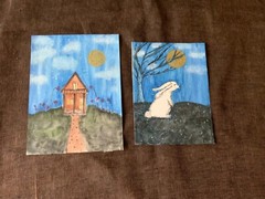 2 Original watercolor painting by Agne Lithuania unique bunny house moon girls