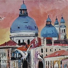 YARY DLUHOS Venice Italy City Grand Canal Pier Eve Gondola Original Oil Painting