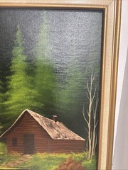 Vintage 1980s Original Art Oil Painting Cabin in Woods Landscape Water Signed