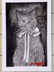 ACEO One of A Kind Black & Gray Cat portrait Mixed Media Painting 3.5×2.5 #02