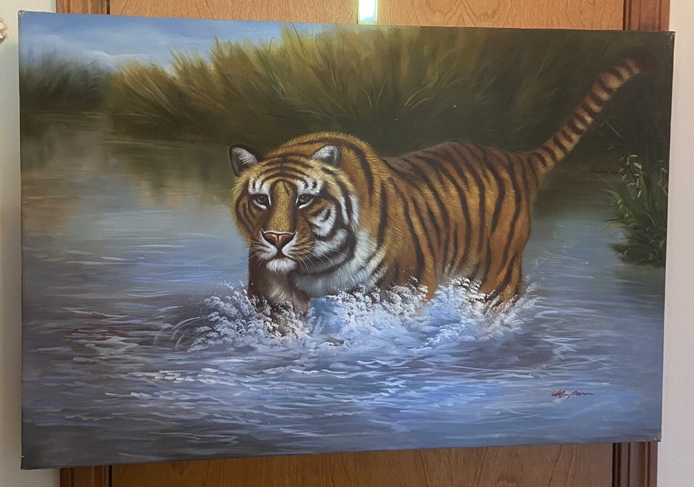 MAJESTIC BENGAL TIGER IN WATER PAINTING ART ON CANVAS BY M. AARON. 36″ X 24″