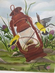 Original Oil Painting Yellow Birds (Goldfinch) With Lantern 18 1/4″ x 13 3/4″