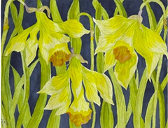 PAINTING WATERCOLOR 11X14 AND DOUBLE MAT 16X20 FLOWER DAFFODIL YELLOW GREEN BLUE