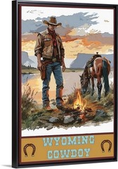 Wyoming Cowboy & Horse Feeding Time Travel Poster Framed Canvas or a print