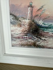 Seascape Ocean Lighthouse Painting Nautical Frame Signed J Thompson 9.5” x 7.5”