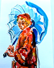 Watercolor original painting Girl & Umbrella Beautiful 16.5 “ x 7″ Ss