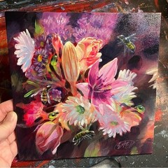 Original bee Painting Floral Bouquet honeybees Lily Rose still life surrealism