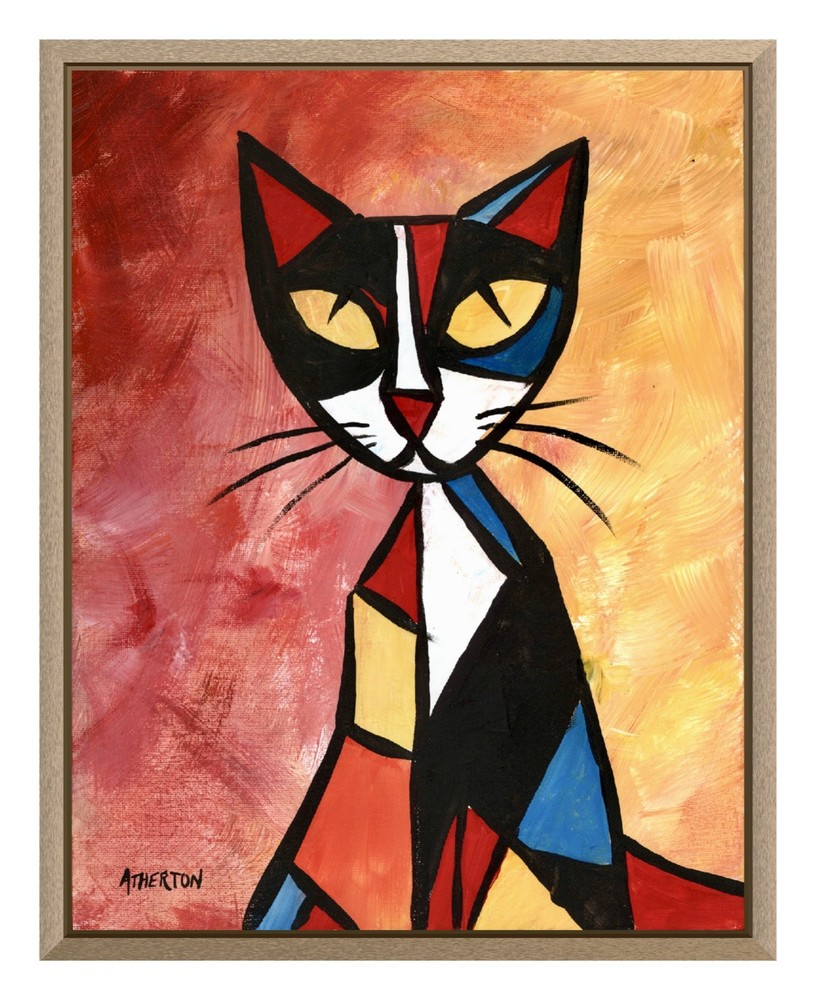 11×14 Original Colorful Geometric Cat Painting on Canvas Modern Folk Art by Jim