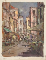C. MARRA Signed Vintage cMid-1960s Italian Oil Painting ITALIAN STREET MARKET
