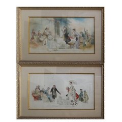 Pair Italian Watercolors Figural Compositions signed Guiseppe Calajo Ca. 20th C