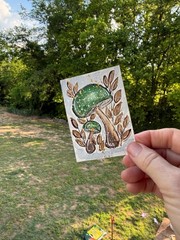 ACEO #17 Red Mushroom / Green Leaves Watercolor Art Trading Card, 3.5×2.5 inches