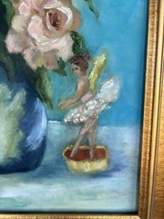 Framed 21-1/2 x 25-1/2 Oil Painting Signed Emmy Corvery Flowers Vase Angel Beaut