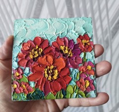 Zinnia Oil Painting Original Miniature 4×4 in Floral Impasto Signed  Art
