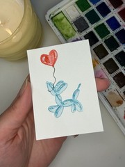 ACEO Original 2.5×3.5in /flying Blue Balloon Dog/ Mini Art