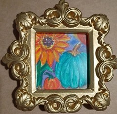 Sunflower pumpkin Field Original Watercolor Painting, Gold Mini Frame, Not ACEO