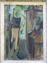 1953 Swedish Modernist Street Scene Oil Painting Signed Alberts Volasvirs