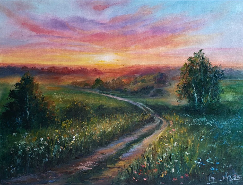Original Oil Painting Sunrise Landscape 12×16 Canvas Country Road Wall Art