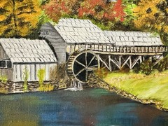 Vintage Oil Painting “Fall Country Watermill” Landscape 14” x 10” Unframed