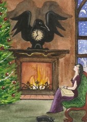 ACEO CROW RAVEN PRINT OF PAINTING XMAS HALLOWEEN BLACK CAT WITCH folk art pagan