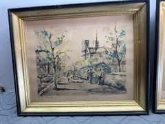 Two Vintage G. Lelong Paris Lithograph Print Set Notre Dame Arc de Triomphe