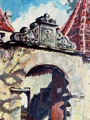 Oil Painting Undeutl. Monogr.stadttor With round Arch Vor Marketplace Menschen