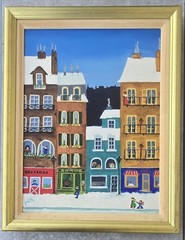 Vtg MCM Surrealist Bright Folk Art City Scape Framed Oil Painting FREE US SHIP