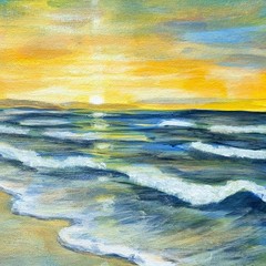 Original Hand Painted 11×14 Ocean Wall Art Blue Golden Acrylic Canvas Signed