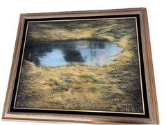 Vintage acrylic signed Nadine Swanson reflection House pond 33 x 27