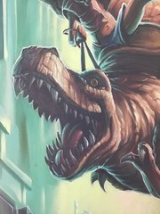 36 in x 48 in Oil on Canvas – T-Rex ridden by Warrior – Signed – Artist Unknown