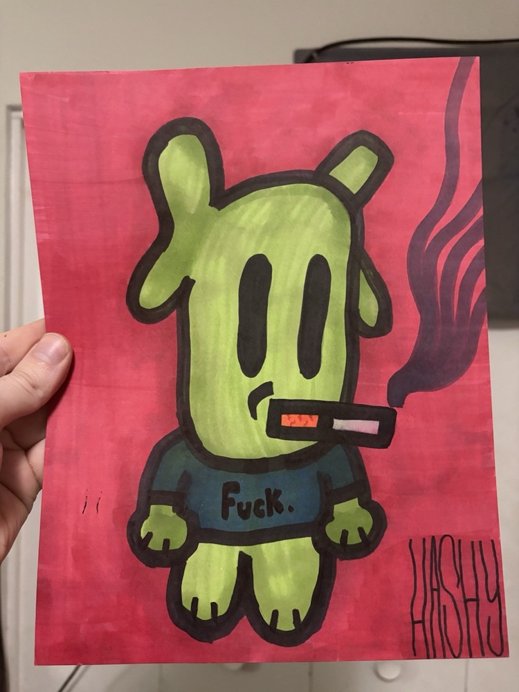 HASHY | original painting | cartoon graffiti smoking character | marker | signed