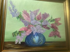Vintage „Still Life With Flowers In Blue Vase Scene“ Oil Painting -Signed/Framed
