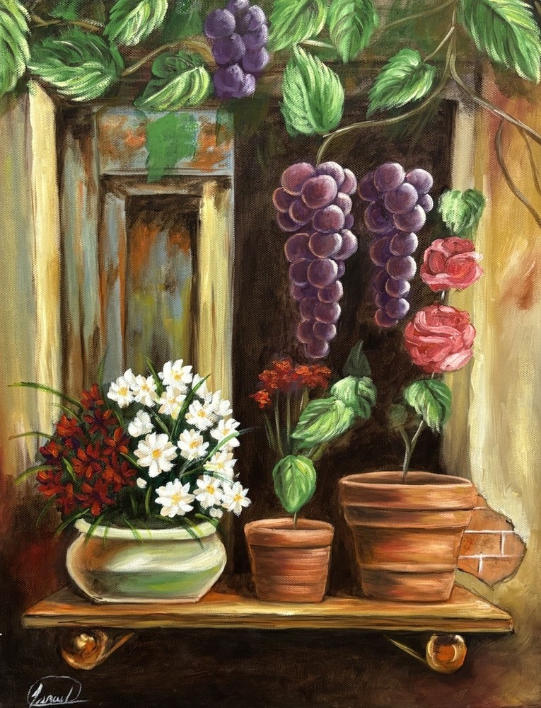 Original Oil Painting Green House Garden Shed Still Life Signed Israel 20″x16″