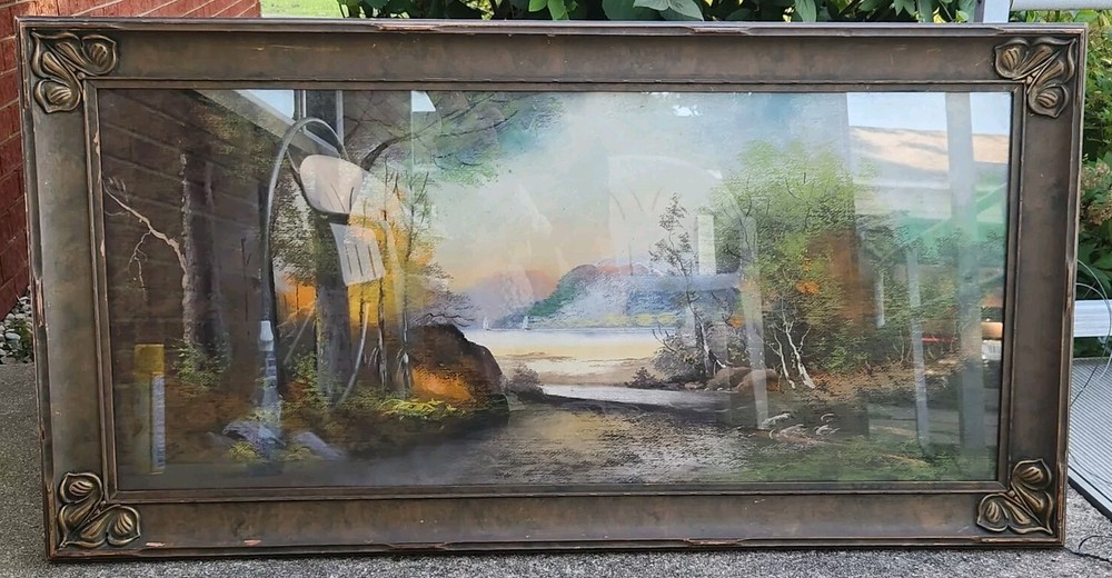 Artist Peters? Colored Pastel Painting Landscape River Lake Woods Scene 40″X18″