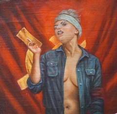 ORIGINAL PROPAGANDA PAINTING STRONG YOUNG SOVIET WORKER WOMAN PORTRAIT ART