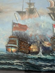 Vintage Nautical Oil Painting Ship Battle Signed J Harvey Maritime Wall Art