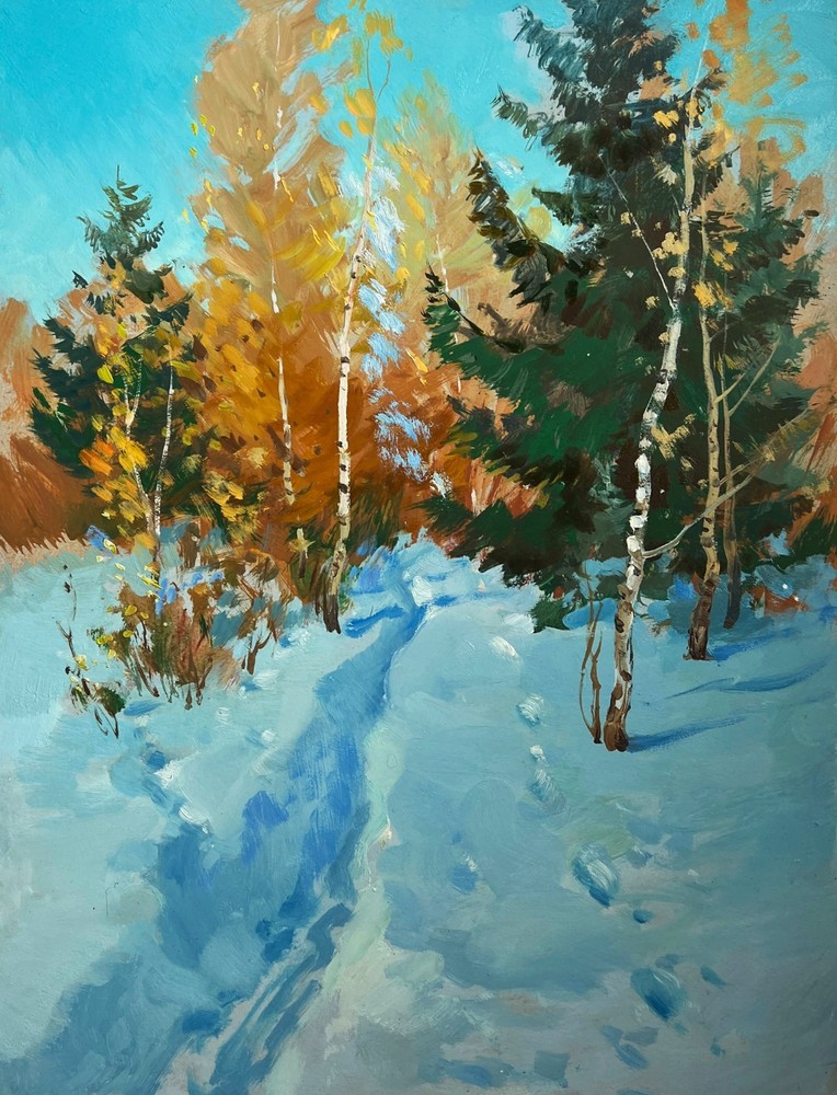 Oil Painting Winter Path In The Forest Y. Suprunchuk Unframed Original nAAA4204