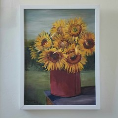 K Gaourer Signed Still Life Sunflowers Red Pale Oil Painting Folk Art 18×24