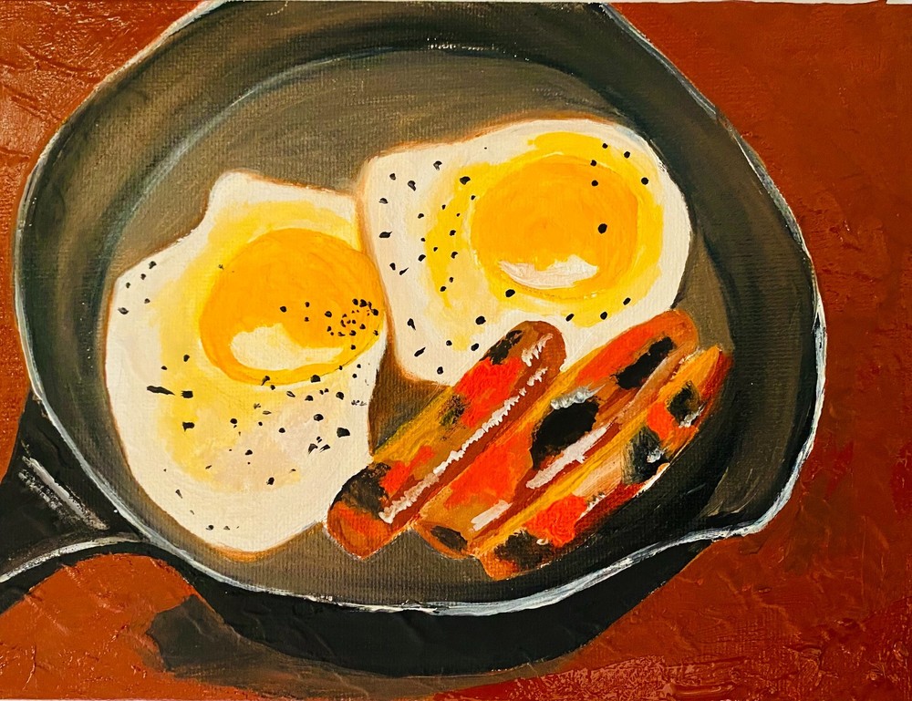 Food Painting Scrambled Eggs and Sausages Painting – Handcrafted Breakfast Food