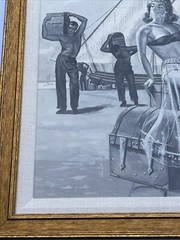Antique Illustration Painting Boat Workers Gorgeous Women Pinup mid century