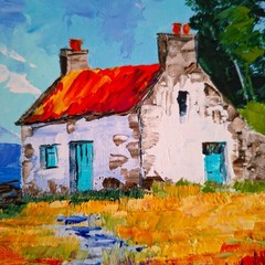 Oil landscape „Irish Cottage“ Oil Painting: Colorful Flower Field Original 6×6
