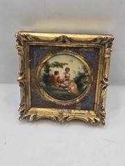 Vintage Antique Florentine Gold Framed Miniature Painting Courting Couple Rococo