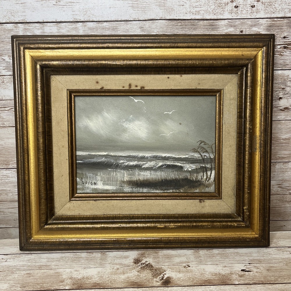 Vintage Framed Oil On Canvas Painting Seascape Ocean Waves Grays 5×7 Signed