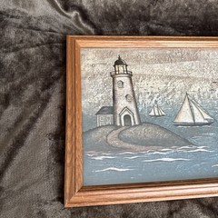 Vintage Coastal Lighthouse Sailboat Painting Framed Nautical Folk Art 12 X 21.5”