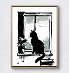 Laeknapes House Cat Cozy Window Art 12×9 Original Abstract Paper Decor Painting
