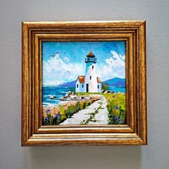 Lighthouse Impasto Original Oil Painting: 3D Textured Art Unframed 6×6″